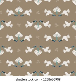 Seamless Vector Peaceful White Holiday Doves, Gingerbread Hearts, Berry Branches in Brown + Blue. Great for Christmas, Valentine's Day, backgrounds, wallpaper, wrapping paper, crafts, fabric, etc.
