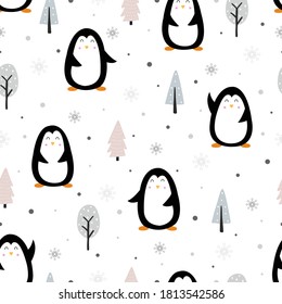 Seamless vector Penguin pattern standing on the snow and flakes with pine trees. Used for cloth, fashion, textiles