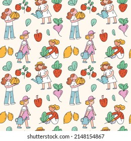 Seamless vector people pattern of little girl with their gardening equipment.  Fun characters for summer design, fabric, textile. Warm hand drawn illustration with doodle cartoon, fruits, vegetables