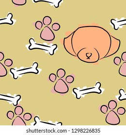 Seamless vector pet theme pattern. Dog footprint ,dog face and bone design on light brown background.