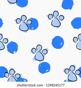 Seamless vector pet theme pattern. Dog footprint and Brush drawing dot design on white background.