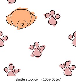 Seamless vector pet theme pattern. Dog footprint and dog face design on white background.