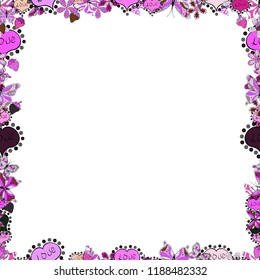 Seamless. Vector. Picture in white, pink and violet colors. Hand drawn doodle frames.