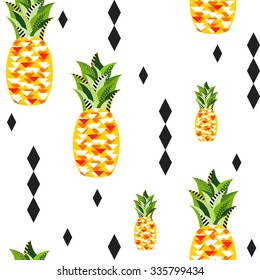 Seamless vector pineapple pattern with triangles, rhombus, stripes, dots and circles. Tropical jungle fruits in original geometric style