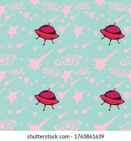 Seamless vector of pink aerospace, star and sweet pink space objects on pastel blue background