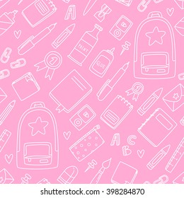 Seamless vector pink background: school and office supplies