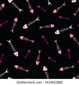 Seamless vector pink and black background with fish bones. Print for teenage girls