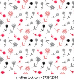 Seamless vector pink and black flowers pattern on white background. Endless texture for documents, textile, wrap or wallpaper.