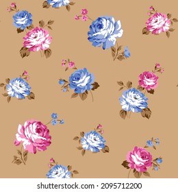 seamless vector pink and blue flowers pattern on brown background