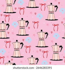 Padrão de café rosa vetor sem costura com vasos de moka, flores, arcos e corações. Fundo bonito do café da manhã feminino.