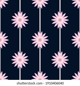 Seamless vector pink daisy flower pattern. Trendy floral shapes on a navy blue background. Repeat geometric design with cute flowers. Perfect for fashion, fabric, graphic design and web design.
