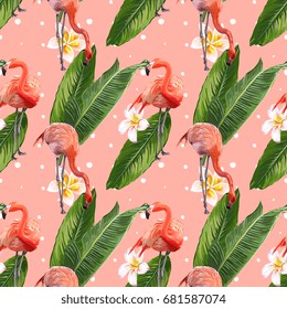 Seamless Vector Pink Flamingo With Flowers And Leaves Pattern