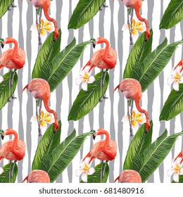 Seamless Vector Pink Flamingo With Leaves Pattern