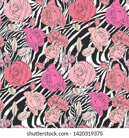 Seamless vector pink floral pattern. Flowers field on zebra print. Trendy animal motif with roses wallpaper. Fashionable background for fabric, textile, design, banner, cover.