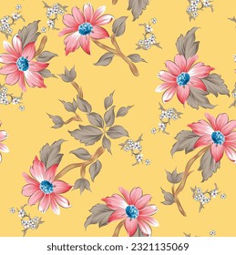 seamless vector pink flower pattern on yellow background