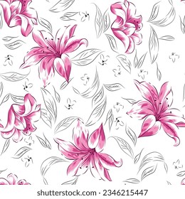 seamless vector pink flower pattern on white background vector stock