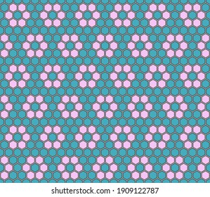 Seamless vector. Pink flowers on a blue honeycomb mosaic. 