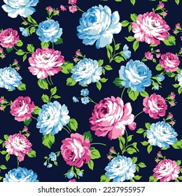 seamless vector pink flowers pattern on navy background stock