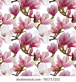 Seamless Vector Pink Magnolia Flowers Pattern