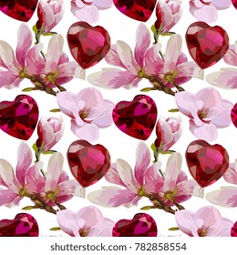 Nahtlose Vektorrosa Magnolien und Herzmuscheln Muster