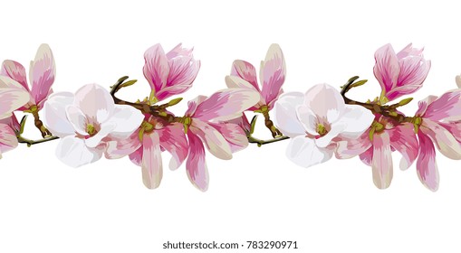 Seamless Vector Pink Magnolia Wreath