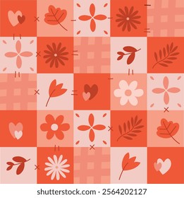 Seamless vector pink mosaic patchwork pattern – decorative squares with stylized leaves, hearts, and flowers – cozy quilt-inspired design for fabrics, wrapping paper, and home decor