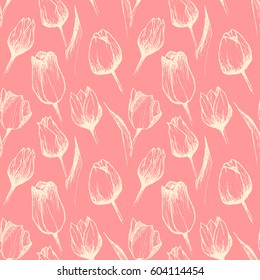 seamless vector pink pattern with han drawn tulip flowers