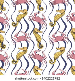Seamless Vector Pink Sea Crab And Yellow Seahorse Illustration Pattern