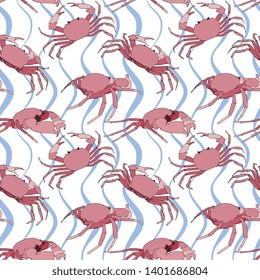 Seamless Vector Pink Sea Crabs Illustration Pattern