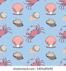 Seamless Vector Pink Sea Crabs  With Shell Illustration Pattern