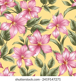 seamless vector pink stock flowers with green leaf pattern on cream background