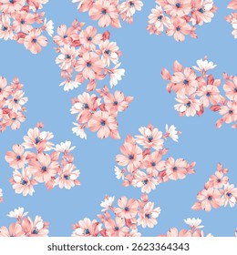 seamless vector pink stock flowers leaves bunches pattern on blue background