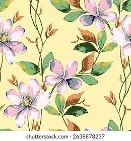 seamless vector pink stock flowers with green leaves pattern on background