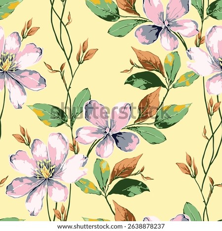 seamless vector pink stock flowers with green leaves pattern on background