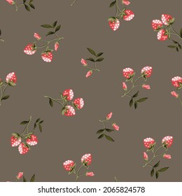 fresa rosa vectorial sin soldadura con un patrón de hojas verdes sobre fondo gris