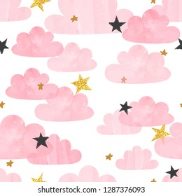 Seamless Vector Pink Watercolor Clouds And Stars Pattern.