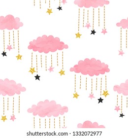 Seamless vector pink watercolor clouds and stars pattern.