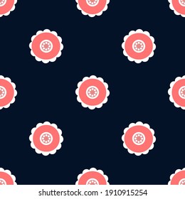 Seamless vector pink and white flower pattern. Trendy floral shapes on a navy blue background. Repeat geometric design with cute flowers. Perfect for fashion, fabric, graphic design and web design.