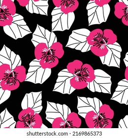Seamless vector pink and white pansy pattern on black background. Suitable for fabric, packaging, clothing, scrapbooking, backdrop and for other design projects. 