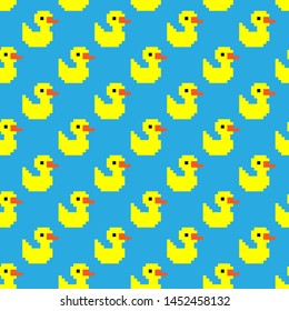 Seamless vector pixel art yellow ducks pattern. Trendy animal background for design, fabric, textile, cover, web, wrapping.