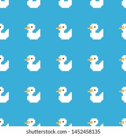 Seamless vector pixel art yellow ducks pattern. Trendy animal background for design, fabric, textile, cover, web, wrapping.