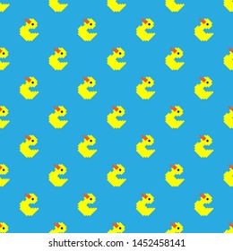 Seamless vector pixel art yellow ducks pattern. Trendy animal background for design, fabric, textile, cover, web, wrapping.