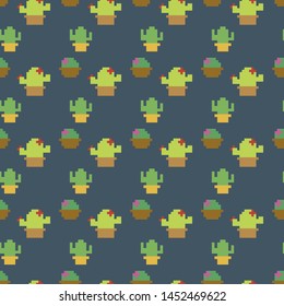 Seamless vector pixel cacti pattern. Pixel art 10 eps. Repeat cactus in pot background. For design, fabric, textile, cover, wrapping, web.