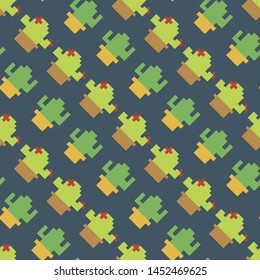 Seamless vector pixel cacti pattern. Pixel art 10 eps. Repeat cactus in pot background. For design, fabric, textile, cover, wrapping, web.