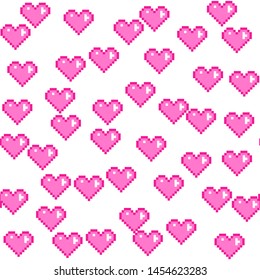 Seamless vector pixel pink hearts pattern. Love pixel art 10 eps. Valentine's day background for design, fabric, textile, cover, wrapping.