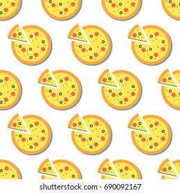 Seamless vector pizza pattern. Geometric pizza in yellow, orange, red, grey and green on white background.