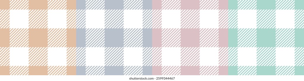 Seamless vector plaid pattern featuring a classic buffalo check design in a palette of soft pastel colors, including orange, lavender, pink, and mint green