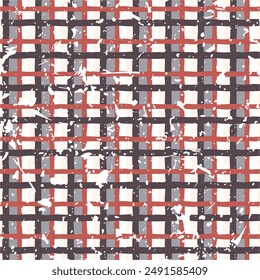 
Seamless vector plaid pattern. Vertical and horizontal stripes of red, gray, white and brown. Texture of white splashes of paint.