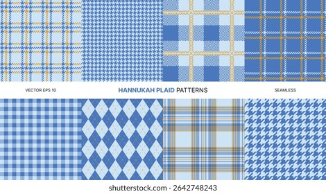 Seamless vector plaid patterns with Hanukkah theme in blue yellow white featuring tartan houndstooth argyle styles perfect for winter holiday Jewish celebration fabric wrapping crafts digital design