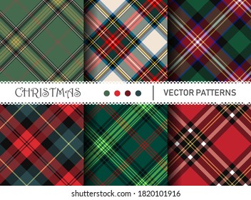 Seamless Vector Plaid Patterns. Set Of Christmas Tartan Gingham Patterns. Collection Of Happy New Year Traditional Backgrounds. For Packaging, Fabric, Textile, Cover Etc.